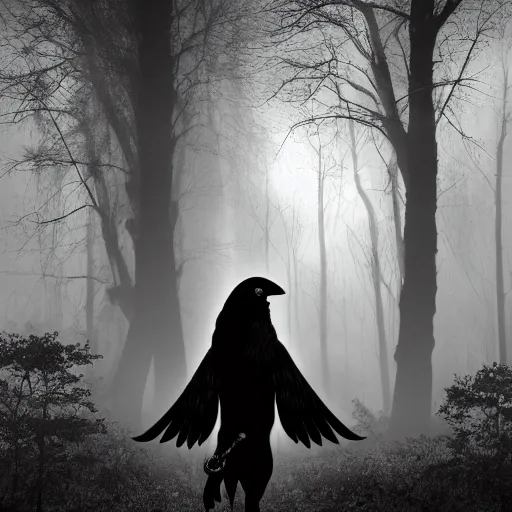 Image similar to werecreature consisting of a crow and a human, featured on artstation, photograph captured in a dark forest