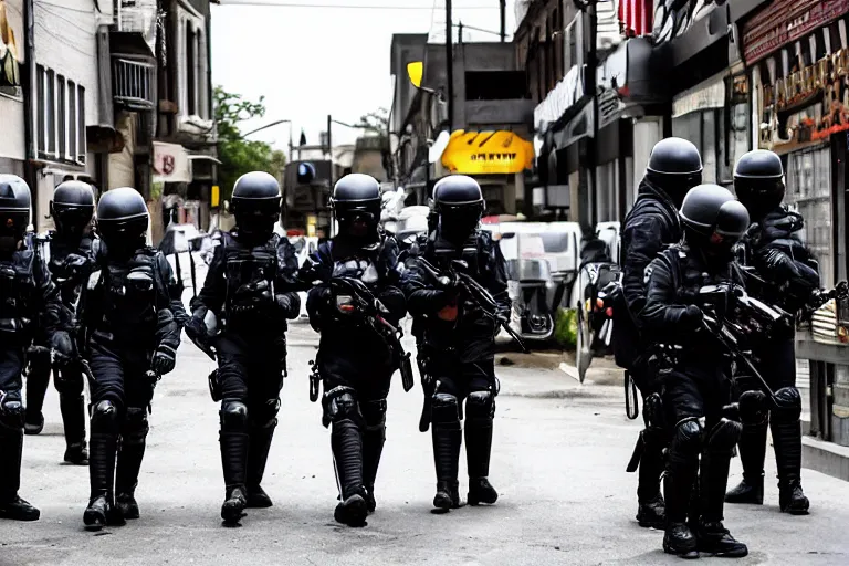 Prompt: cinematography riot police on the street in small town by Emmanuel Lubezki