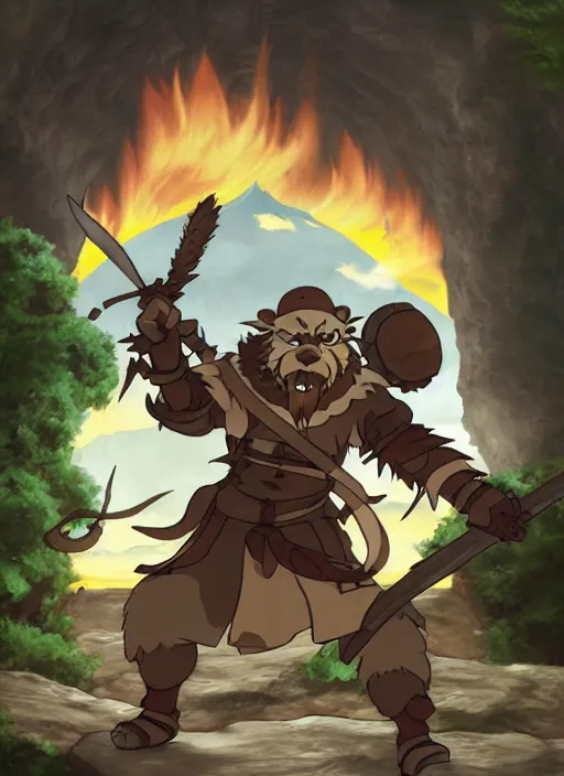 Image similar to bugbear ranger, black beard, dungeons and dragons, hunters gear, flames, character design on white background, by studio ghibli, makoto shinkai