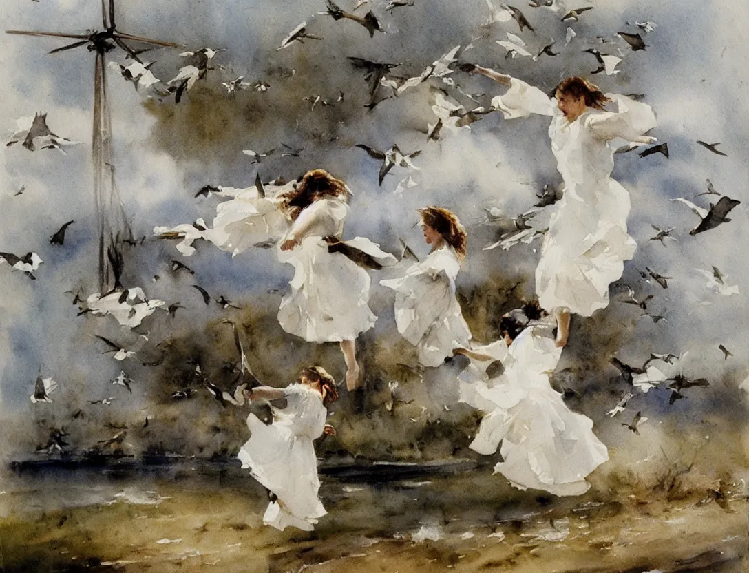 Image similar to watercolor by anders zorn, flying birds, water, white dress, windmill