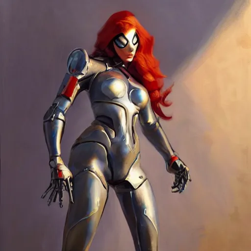 Image similar to greg manchess portrait painting of partially armored female iron spiderman as overwatch character, medium shot, asymmetrical, profile picture, organic painting, sunny day, matte painting, bold shapes, hard edges, street art, trending on artstation, by huang guangjian, gil elvgren, ruan jia, greg rutkowski, gaston bussiere