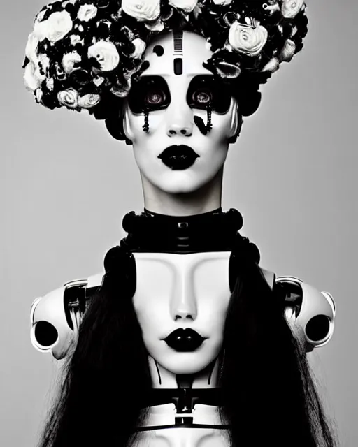 Image similar to dreamy surreal poetic black and white photo of a beautiful young bio-mechanical-female-cyborg-plastic-robot with a very long neck and a super big gothic lace collar and a very high big floral crown with many black dry roses by Vivienne Westwood:: smoke, high fashion, haute couture, rococo, avant-garde, elegant, dreamy, hyper realistic, 150 mm lens, soft rim light, octane render, unreal engine, picture was taken in 1910 by Dora Maar, volumetric lighting, dramatic light,8k,