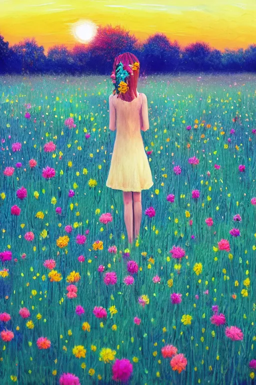 Image similar to closeup, huge flower head, girl standing in a field of flowers, surreal photography, sunrise, blue sky, dramatic light, impressionist painting, digital painting, artstation, simon stalenhag