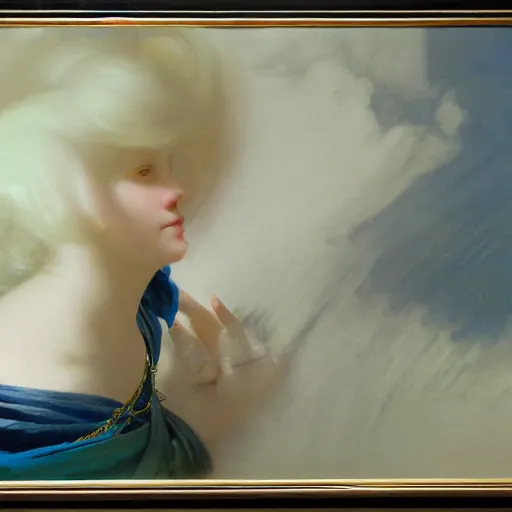 Prompt: a young woman's face, her hair is white and she wears an indigo blue satin cloak, by ivan aivazovsky and syd mead and moebius and gaston bussiere and roger dean and pieter claesz and paul delaroche and alma tadema and aelbert cuyp and mort kunstler, hyperrealistic, volumetric light, octane render