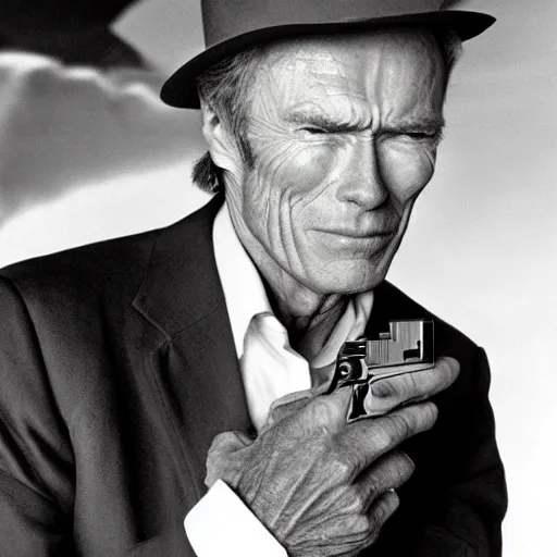 Image similar to clint eastwood in a black suit and black fedora hat. he has a desert eagle gun.