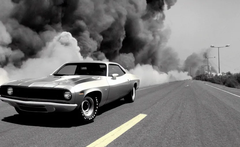 Image similar to a silver 1 9 7 0 plymouth ‘ cuda hemi super track pack driving on a freeway. fire explosion in the background, action scen. realistic. high resolution. dramatic