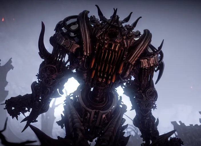 Image similar to mechanical albedo from overlord. Intricate. Very detailed 8k. Fantasy horror. Sharp. Cinematic post-processing. Unreal engine. Nanite. Ray tracing. Parallax. Tessellation