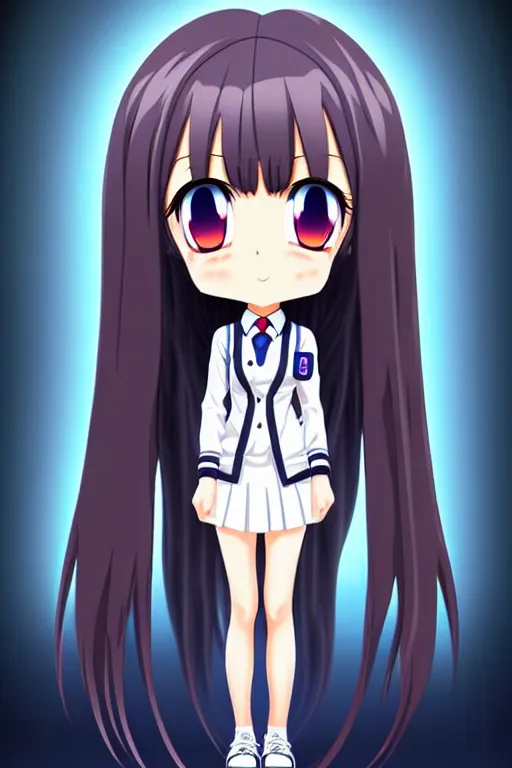 Prompt: full body anime portrait of a cute android girl round eyes long hair dressed in a school uniform inside the school, stunning, highly detailed, anatomically correct