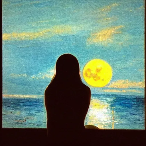 Prompt: of a full moon night, there is a silhouette of a perfect female girl by the window looking into the sea where you can see the refletion of the moon on the water, impressionist style