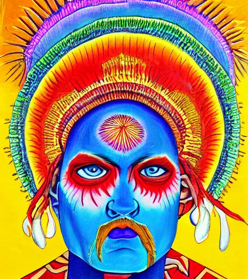 Image similar to Portrait painting in a style of Alex Grey of a shaman dressed in a colorful traditional clothes.