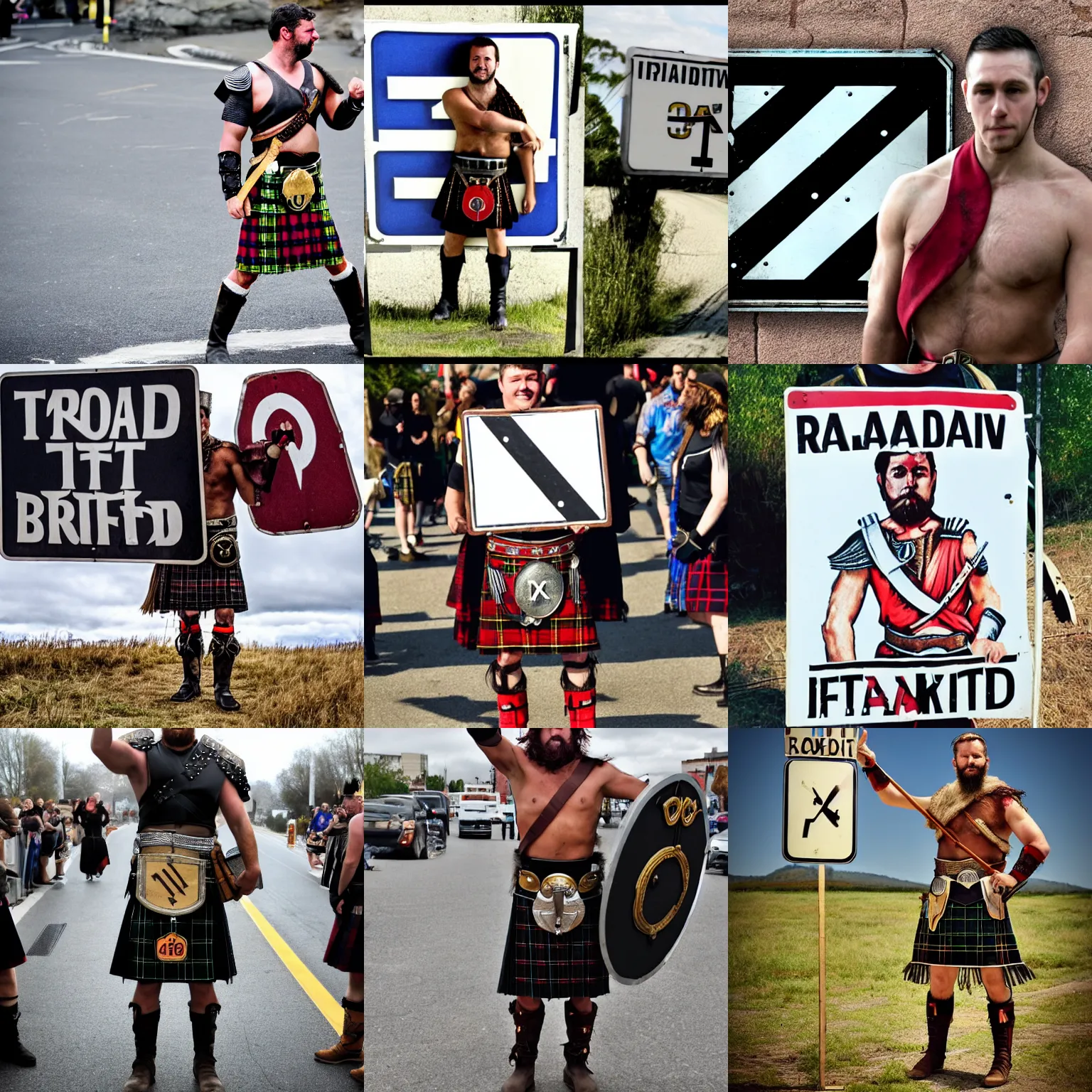 Prompt: gladiator wearing a road sign on his kilt