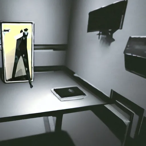 Image similar to an old computer screen showing a low poly horror games, the horror game shows a person and an apartment in a low poly style, hyper detailed computer, super realistic.