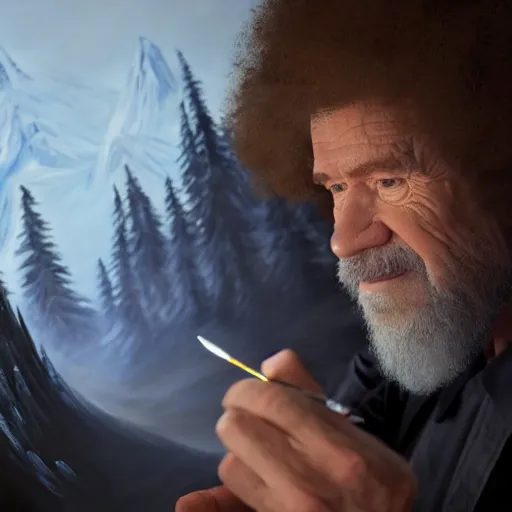 Image similar to a closeup photorealistic photograph of bob ross working on a canvas painting of darth vader. film still. brightly lit scene. mountains and trees. this 4 k hd image is trending on artstation, featured on behance, well - rendered, extra crisp, features intricate detail, epic composition and the style of unreal engine.