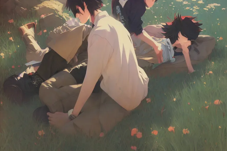 Image similar to boy's love anime high school scene spring setting, high detail concept art, perfect proportions fine face, realistic shaded lighting poster ilya kuvshinov, katsuhiro, jeremy lipkin and michael germash, makoto shinkai, loish and clamp style, trending on art station, best selling artist