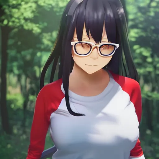 Image similar to nagatoro using white and red tight raglan sleeves, tight blue jeans and cool shoes in a tropical forest, epic fire ombre hair, artstation, 3 d ray tracing, lumen octane render flawless masterpiece