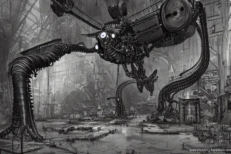 Image similar to dieselpunk huge robotic dragonfly, inside an gigantic underground concrete doom hangar, interior structure, drains, storm drains, jungle, vines, algea, cables, panels, walls, ceiling, floor, doors, brutalist architecture, intricate ink drawing, highly detailed in the style of Ashley Wood, moebius and Tsutomu Nihei, photorealistic, cinematic, intricate detail, well lit,