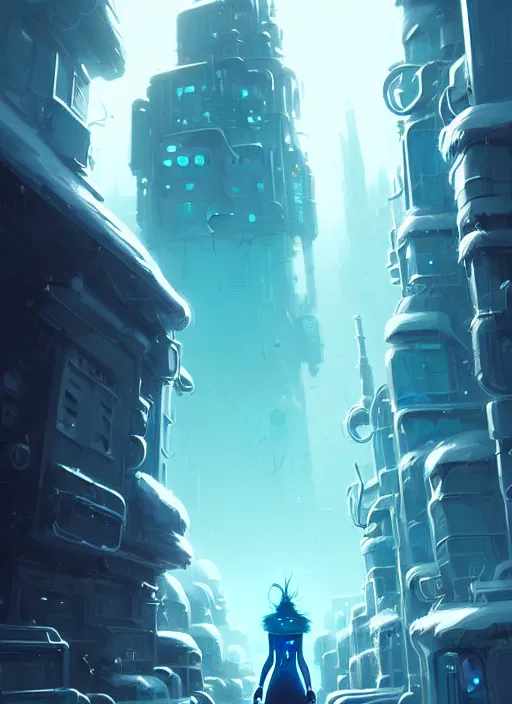 Image similar to highly detailed portrait of stunning android elemental witch lady, stray wiring by atey ghailan, james gilleard, by joe fenton, by greg rutkowski, by greg tocchini, by kaethe butcher, 4 k resolution, gradient blue, cyan, black and white color scheme!!! ( ( snowy glaciated robotic dystopian city background ) )