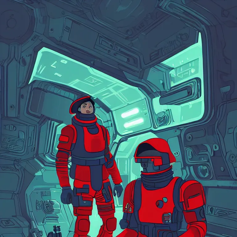 Image similar to A soldier wearing red armor, high-tech red armor, green visor, green lights in the armor, sci-fi soldier, nuclear operatives, inside a space station, dark blue space station, dark blue moods, art by James Gilleard, James Gilleard artwork, vintage