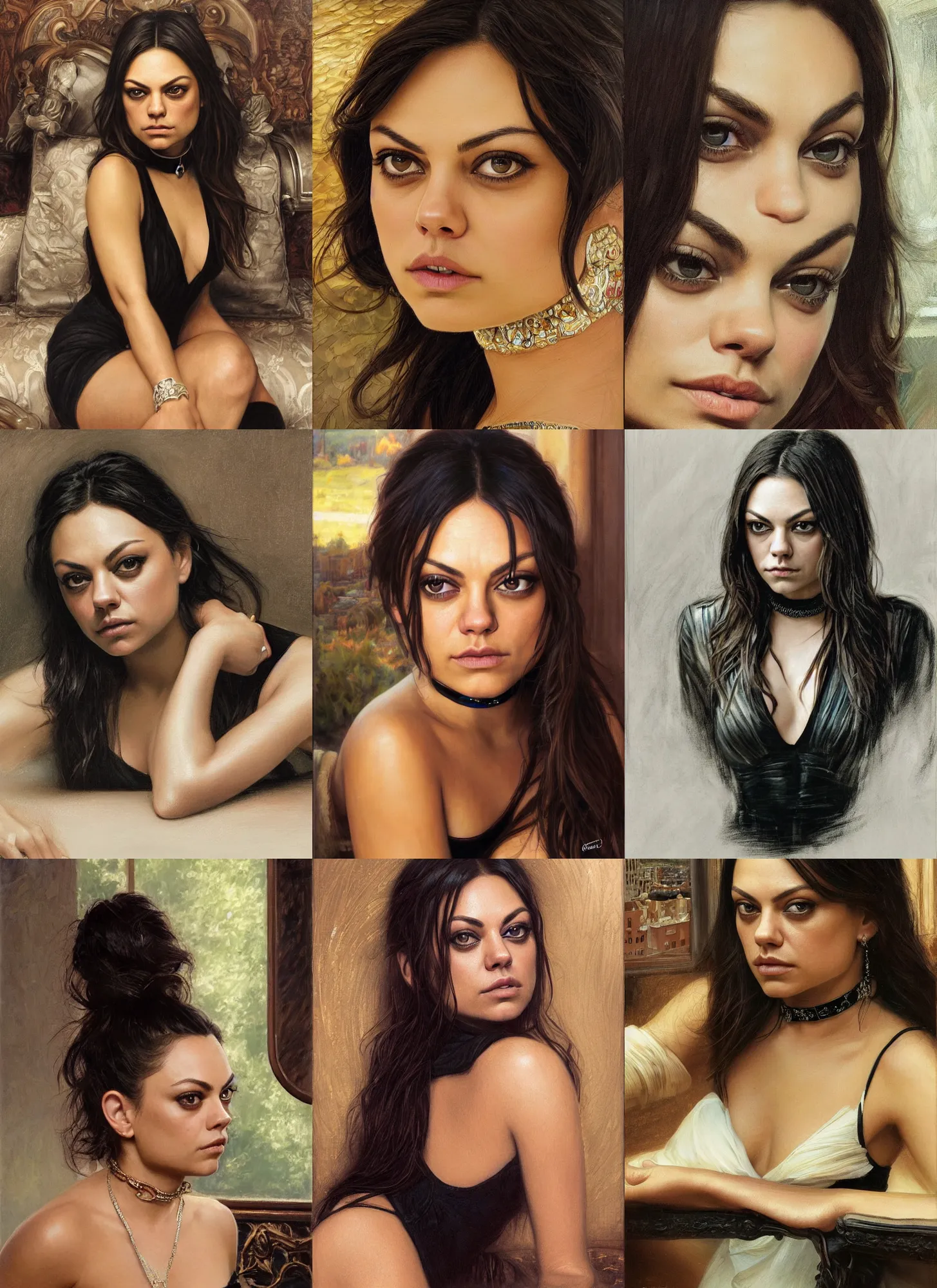 Image similar to mila kunis sitting across the camera wearing a black choker staring into the camera, point of view, expensive restaurant, intricate, elegance, highly detailed, shallow depth of field, artgerm, donato giancola, joseph christian leyendecker