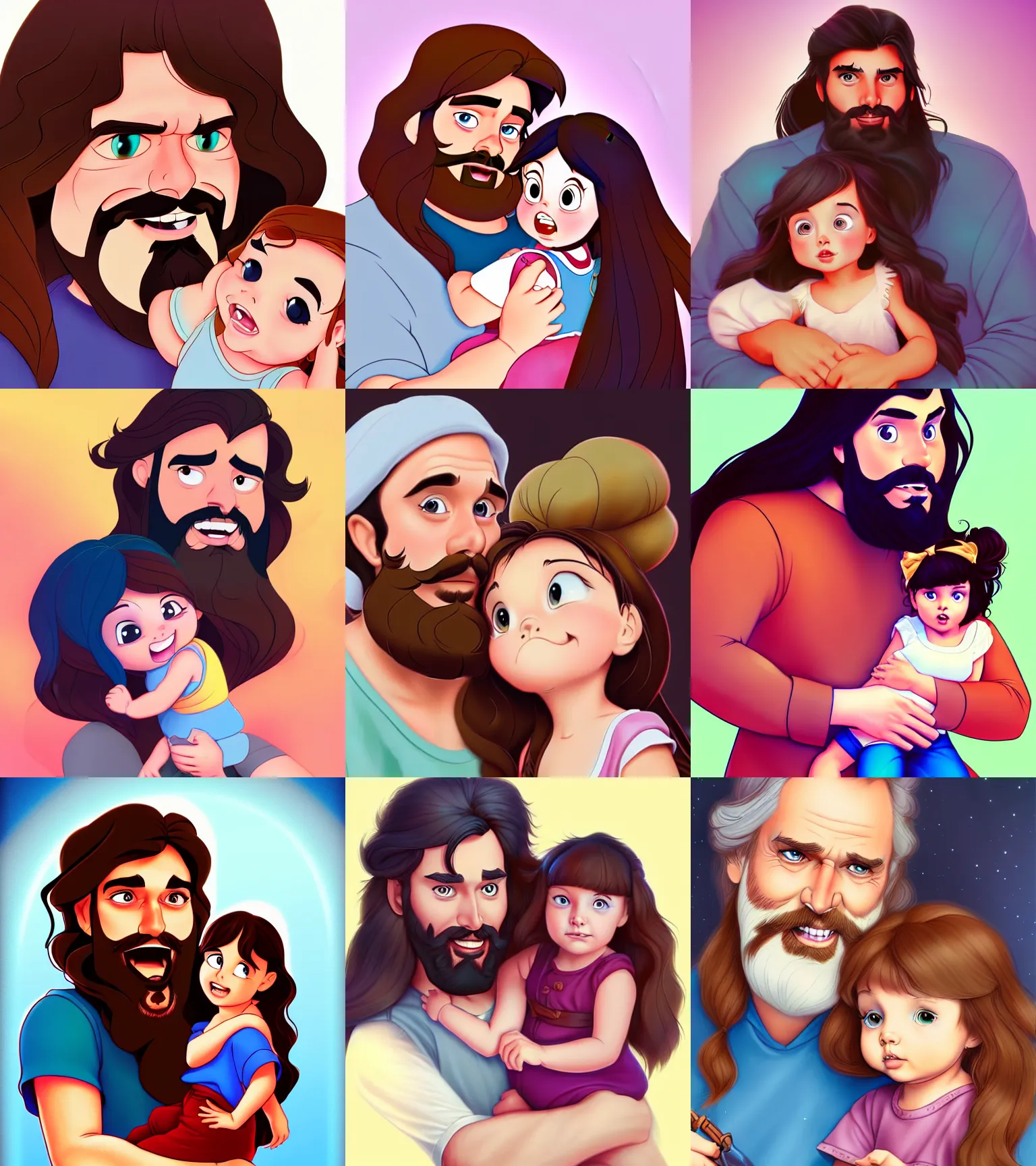 Image similar to a long - haired bearded father and his brunette child toddler girl full color digital illustration in the style of don bluth, artgerm, artstation trending, 4 k