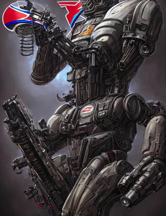 Image similar to a portrait of a tactical exoskeleton with miniguns painted with the pepsi logo, by moebius and tyler edlin and hr giger, trending on artstation, digital art, 4 k resolution, detailed, high quality, sharp focus, hq artwork, coherent, insane detail, concept art