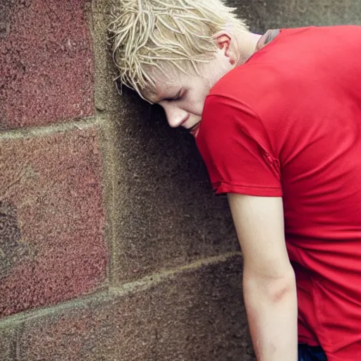 Image similar to sweaty young blond man wearing a soaked red shirt, his hair is wet and messed up, he is sad and lonely