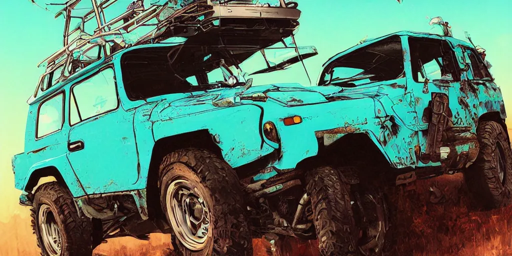 Image similar to digital illustration of a futuristic faded cyan mad max's fj 4 0 decrepit!!!! pursuit special, rusty!!! cyberpunk nissan fj cruiser heavily modded 1 9 9 0 s, the last v 8 interceptor by makoto shinkai, ilya kuvshinov, lois van baarle, rossdraws, basquiat