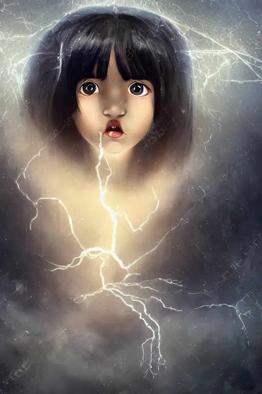 Image similar to a very young girl with long black hair and chequered!! robe!! is watching a storm inside a symmetrical fantasy crystal. atmospheric, eyes are shining, 4 k, highly detailed. surrounded by golden rays of light