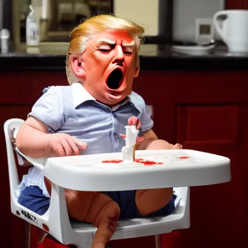 Prompt: crying donald trump in a highchair with pudding on face, gettyimages,