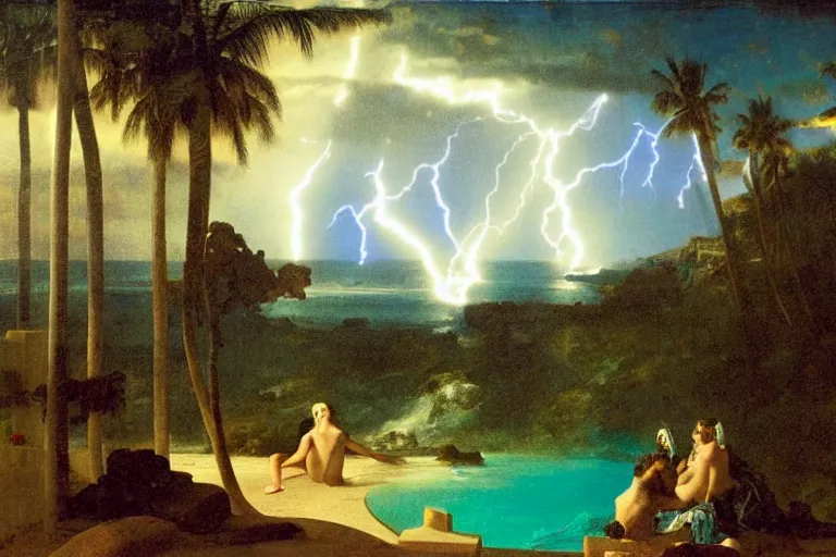 Image similar to From inside of the palace, refracted lightnings on the ocean, thunderstorm, greek pool, beach and Tropical vegetation on the background major arcana sky and occult symbols, by paul delaroche, hyperrealistic 4k uhd, award-winning, very detailed paradise