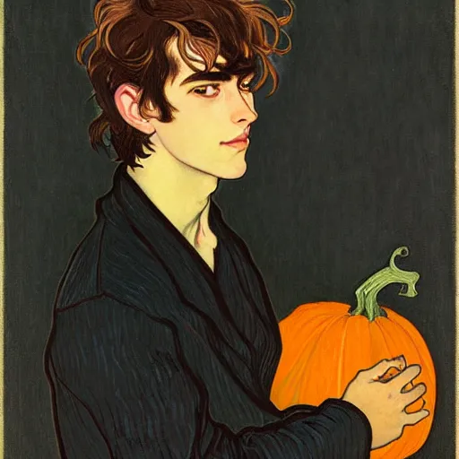 Image similar to painting of young cute handsome beautiful dark medium wavy hair man in his 2 0 s named shadow taehyung at the halloween pumpkin jack o'lantern party, melancholy, autumn colors, japan, elegant, clear, painting, stylized, delicate, soft facial features, delicate facial features, soft art, art by alphonse mucha, vincent van gogh, egon schiele