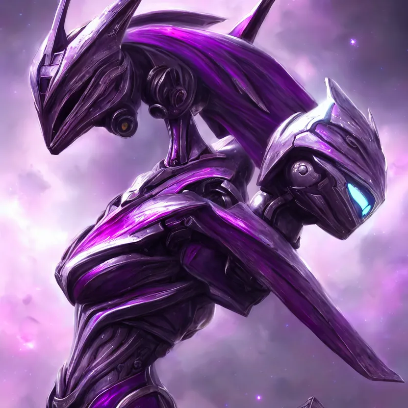 Image similar to cinematic bust shot, cosmic sized proportional stunning beautiful hot female warframe, detailed robot mecha female dragon head, metal ears purple eyes, sleek silver armor, fuschia skin, floating in empty space, nebula sized, posing elegantly, epic proportions, epic size, epic scale, furry art, dragon art, giantess art, warframe fanart, furaffinity, deviantart