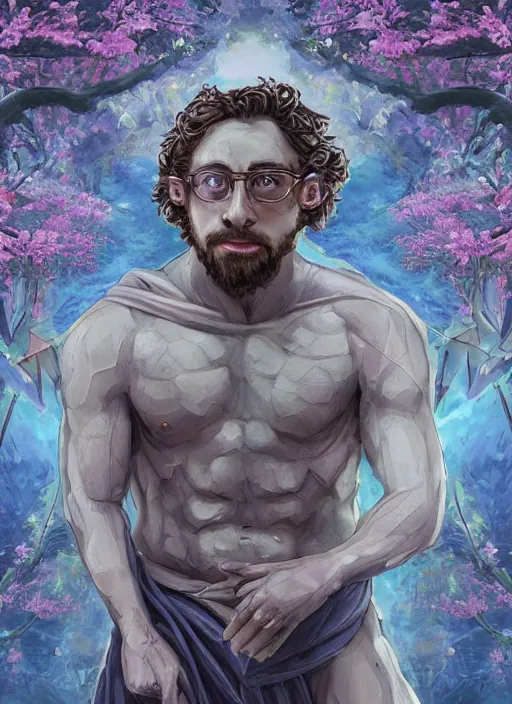 Prompt: portrait of Sam Hyde as a Greek God of a futuristic sigma War, gigachad look, inside future fighter, sci-fi, fantasy, intricate, lush garden spaceship with sakura season flowers in Kyoto Japan, elegant, human anatomy, royal blue and nature light, highly detailed, digital painting, artstation, concept art, smooth, sharp focus, illustration, art by WLOP and Ruan Jia and Mandy Jurgens, masterpiece, 3d blender