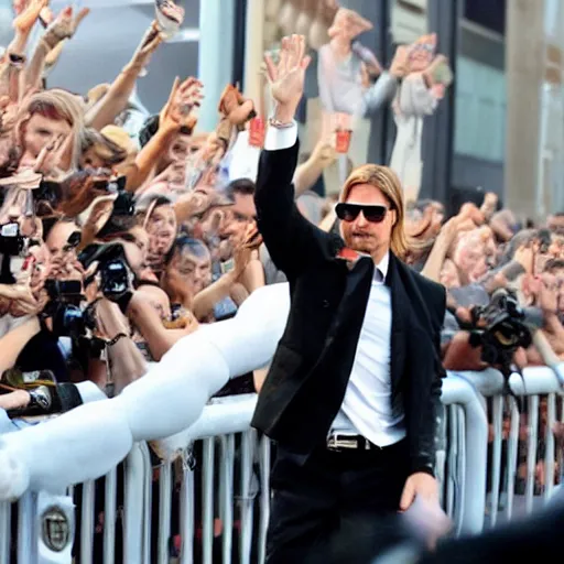 Prompt: a still of brad pitt waving to fans.