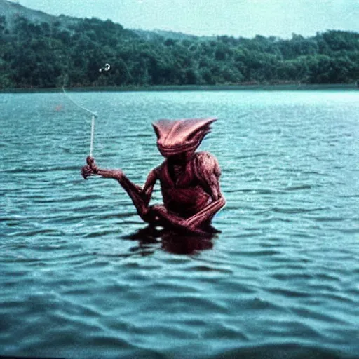 Prompt: alien is fishing on a boat in the middle of the lake, top secret style, 1 9 6 0 s, color