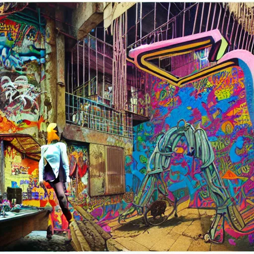 Image similar to breakfast at las pozas, graffiti by moebius, happy mood, cyberpunk, futuristic, 1 9 7 0 cut out collage, technilogy, high detail, golden light, realistic