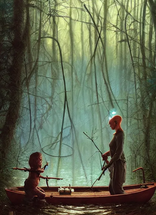 Prompt: boat in the woods by a river gorgeous lighting, lush forest foliage blue sky a hyper realistic painting by chiara bautista and beksinski and norman rockwell and greg rutkowski, tom bagshaw weta studio, and lucasfilm