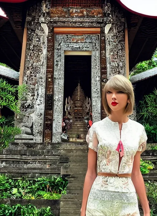 Prompt: taylor swift wearing kebaya bali in bali. temple background. front view. instagram holiday photo shoot