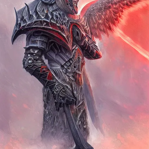 Image similar to man - unicorn hybrid red angel - wings, stunning, thick armor that covers everything, shocked very wide open eyes very open eyes, realistic, symmetric portrait, face, intricate, very detailed, fantasy digital art, trending in artstation, marc simonetti