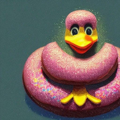 Prompt: concept art of a duck shaped like a donut. it has sprinkles on his back. faded glittery rainbow background. 8 k ultra hd, sharp and coherent, artstation, extremely detailed, studio lighting