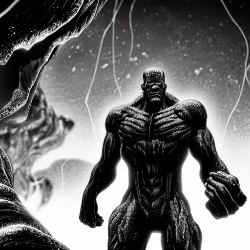 Image similar to black and white thanos fight with the thanos in a cave, by tsutomu nihei, black and white, old cave with slime and wires blur background, cinematic, perspective, realistic