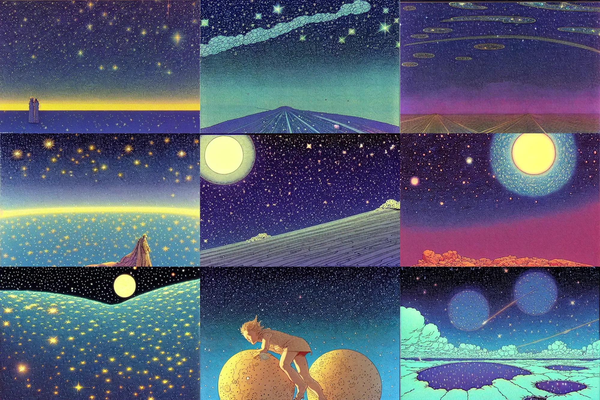 Prompt: ( ( ( ( ( beautiful starry sky ) ) ) ) ) by mœbius!!!!!!!!!!!!!!!!!!!!!!!!!!!, overdetailed art, picture book