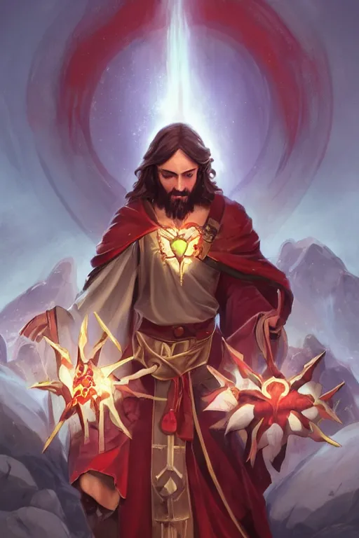 Image similar to A card of Jesus Christ as a DOTA 2 character holding a Sacred Heart armor, card game, card, trade card game, Artifact Dota2, by Stanley Artgerm Lau, WLOP, Rossdraws, James Jean, Andrei Riabovitchev, Marc Simonetti, Yoshitaka Amano, ArtStation, CGSociety,