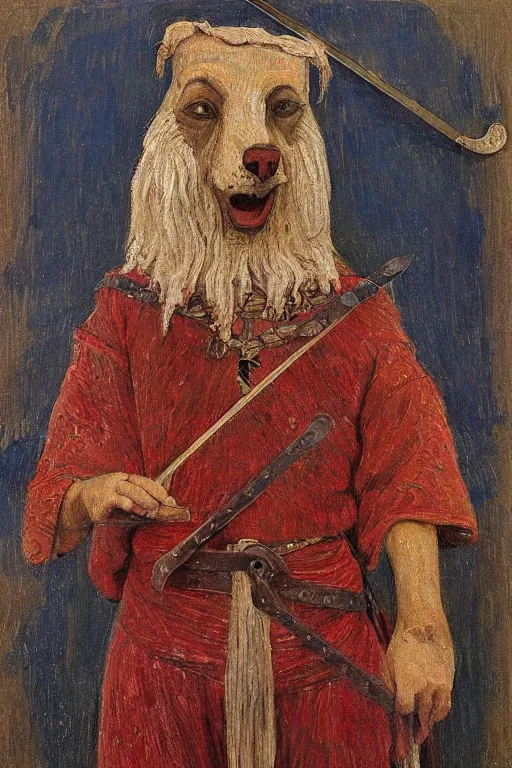 Prompt: slavic dog head man, woolen torso in medieval clothes, fights with a sword, orthodox, oil painting, concept art, hyperrealism, beautiful, high resolution, trending on artstation, by annie swynnerton and nicholas roerich, elaborate costume, geometric ornament, extremely detailed, two hands,