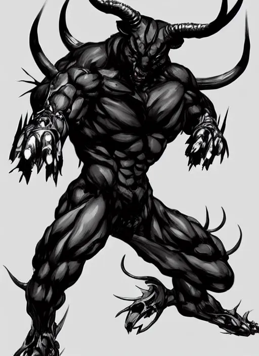 Image similar to Full body portrait of horned shadow bear spirit with sharp claws. In style of Yoji Shinkawa and Hyung-tae Kim, trending on ArtStation, dark fantasy, great composition, concept art, highly detailed.