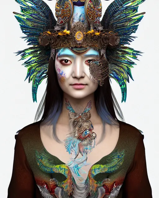 Prompt: 3 d warrior goddess medium shot portrait. beautiful hyperrealistic intricate highly detailed magpie helm and richly embroidered blouse, quetzalcoatl, korean hanbok, bioluminescent, curious, kintsugi, plasma, lava, ice, feather, artwork by tooth wu and chiara bautista, octane 3 d render