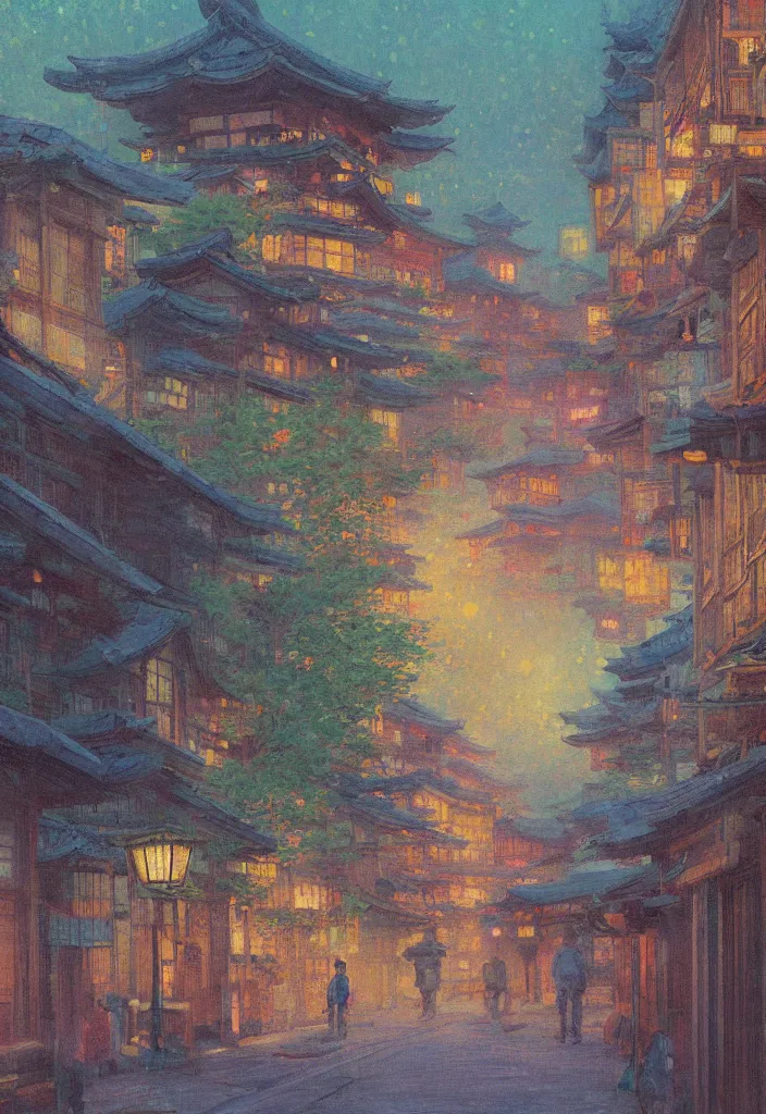 Image similar to a beautiful japanese city near the sea, amazing ryokans and gorgeous edo era houses, epic cyberpunk, lofi vibe, colorful, vivide colors, amazing light, really beautiful nature, oil painting in impressionist style, by jeremy lipkin, by claude monet, by makoto shinkai, multiple brush strokes, inspired by ghibli, masterpiece, beautiful