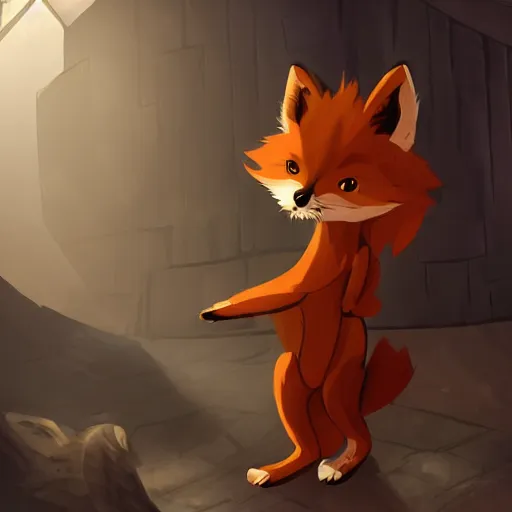 Image similar to an anthropomorphic furry Fox explores a Dungeon, Artstation