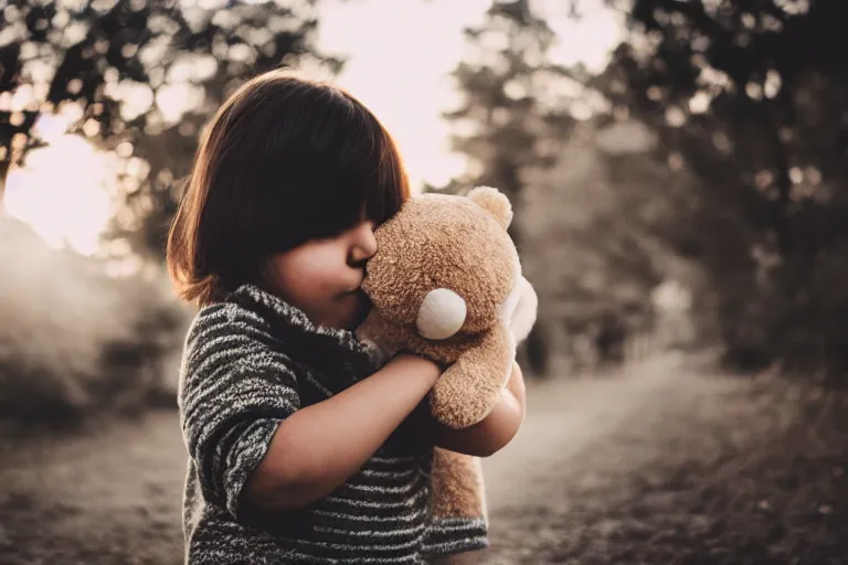 Image similar to canon, 30mm, bokeh, girl holding a teddy bear, snuggly, black hair, sunset, contrejour