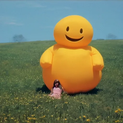 Prompt: an ample woman dressed as a squishy inflatable toy, smiley face, in a meadow, moody film still, terrence malick, 1973 technicolor
